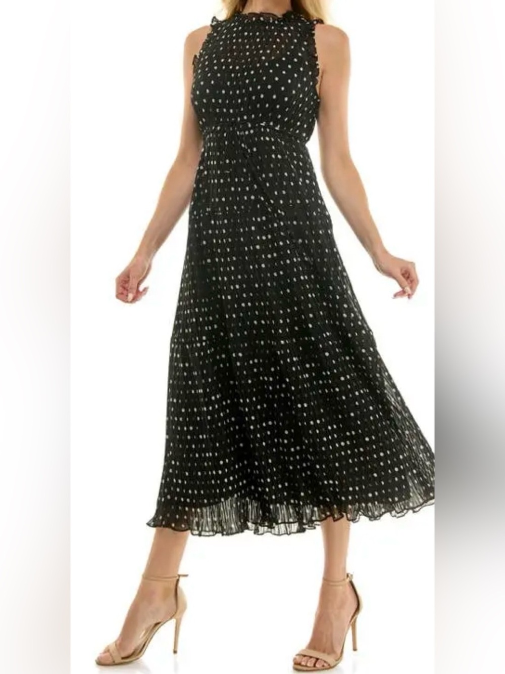 NWT Socialite Black White Polka Dot Pleated Ruffle Midi Dress Lined